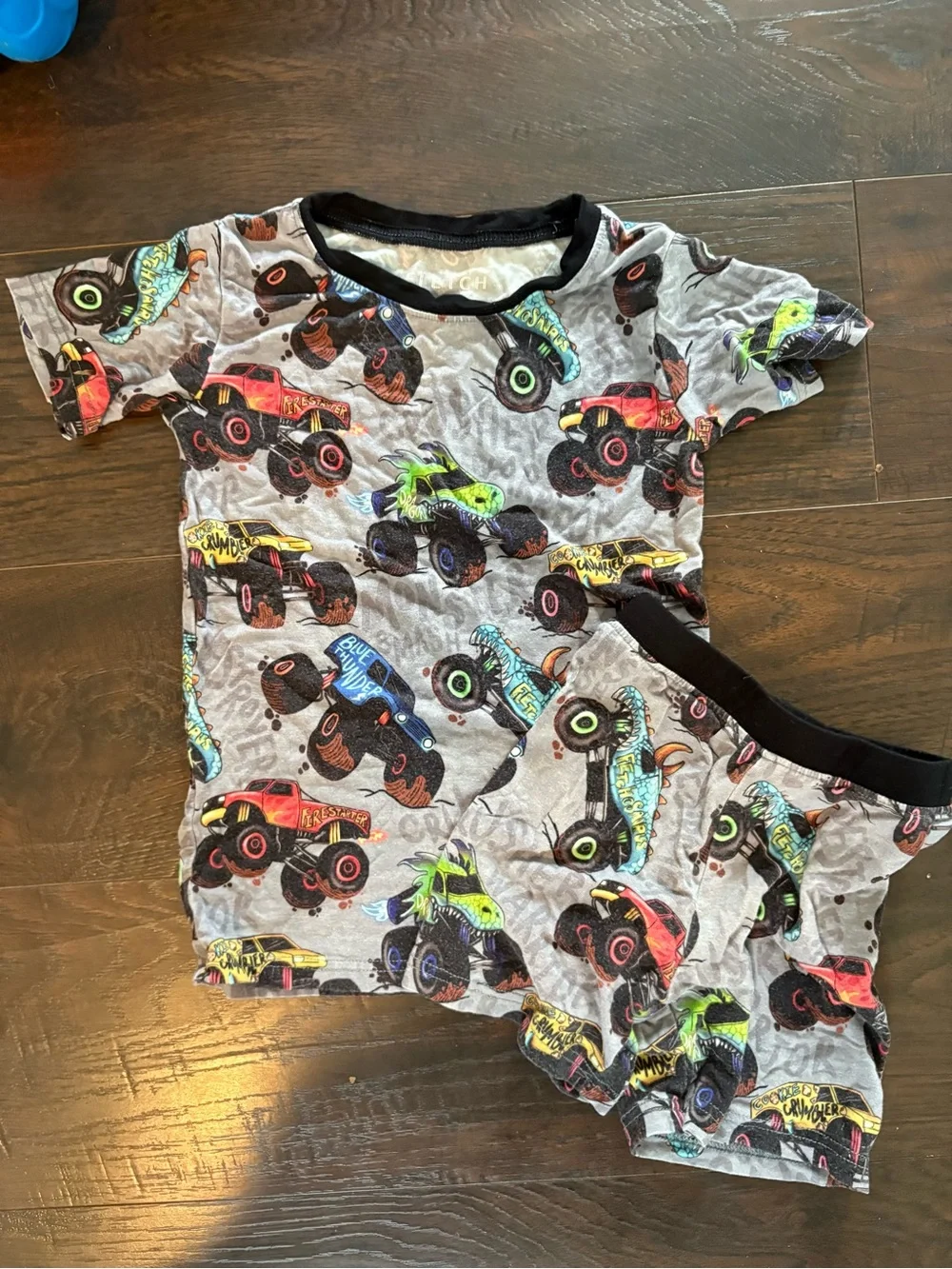 Boys Gray Monster Truck Pajama Set with Colorful Prints